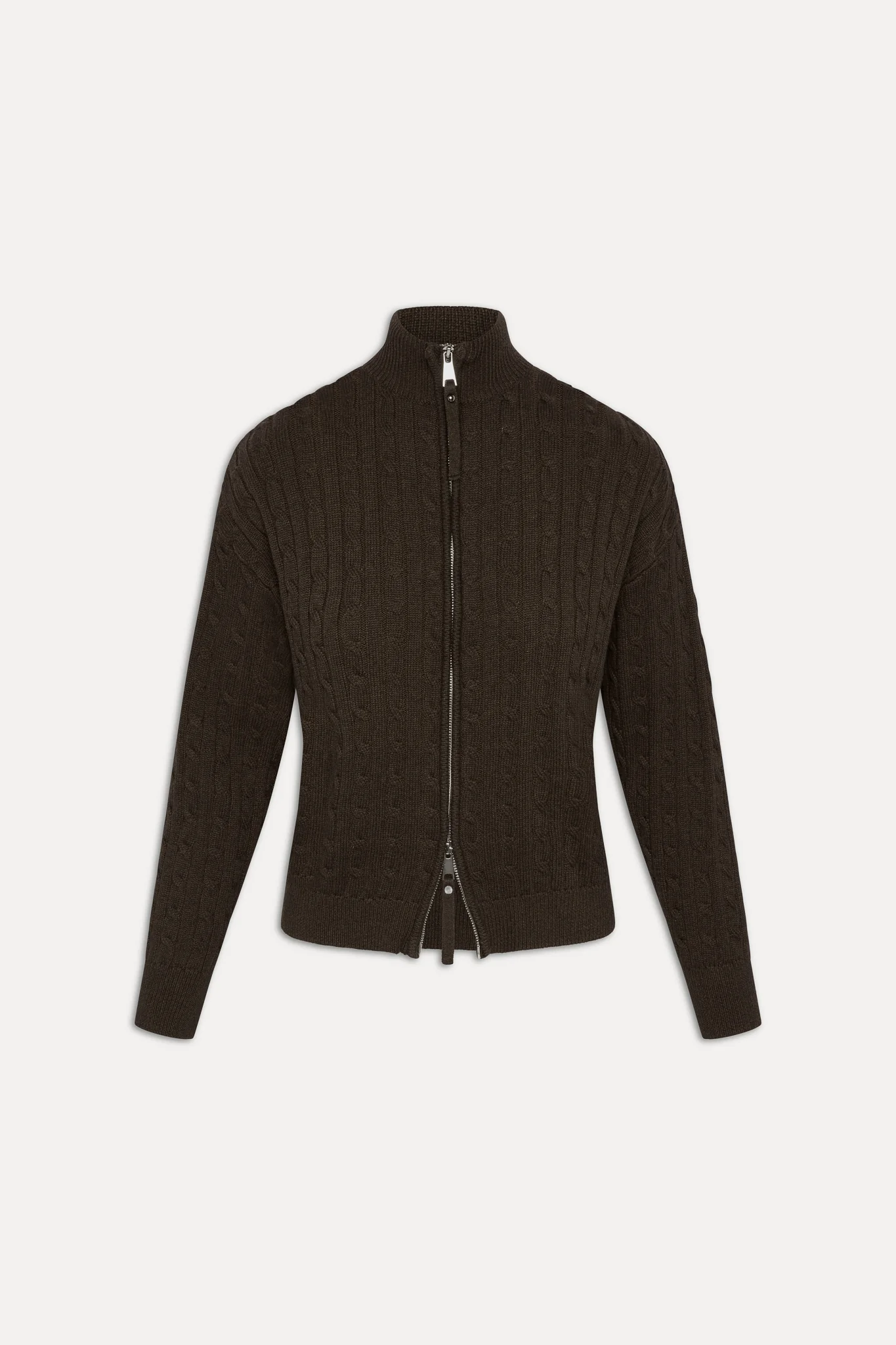 Bea Cable Knit Zip Up Sweater - Chocolate Brown - Image 3