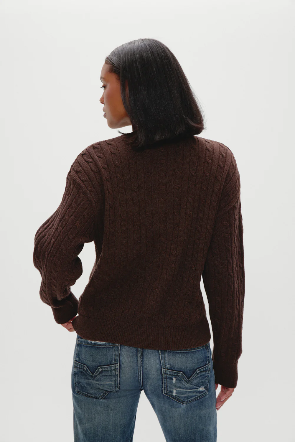 Bea Cable Knit Zip Up Sweater - Chocolate Brown - Image 5