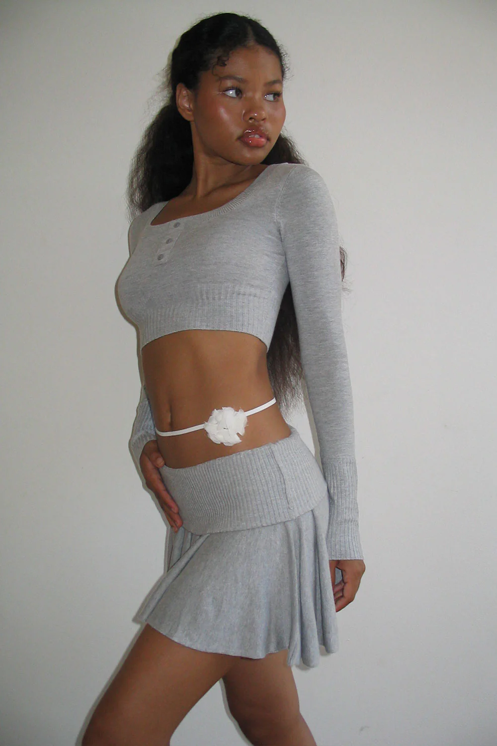 Claude Lightweight Knit Mini Crop Top - Heather Grey - Image 2