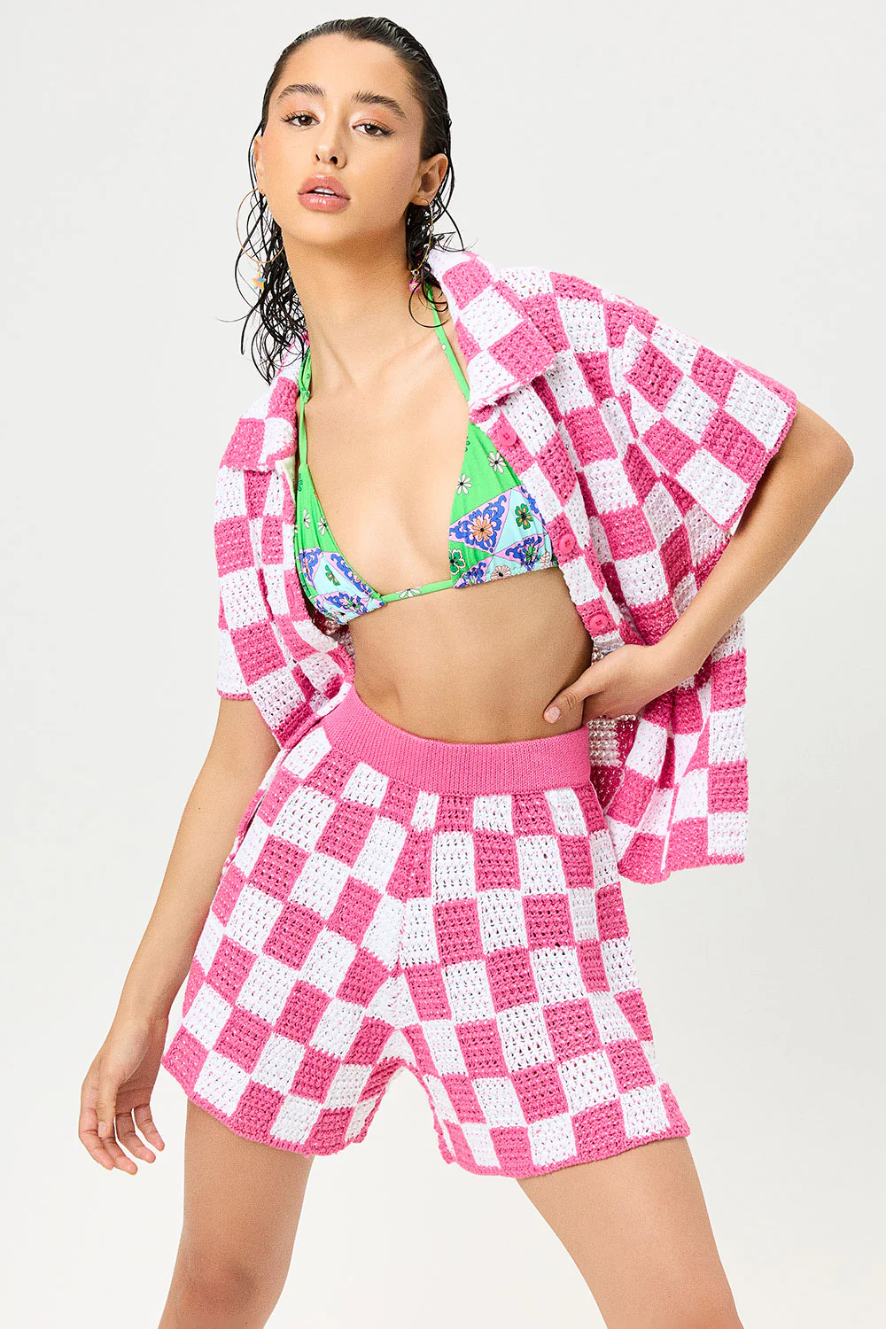 Coco Crochet Button Up Shirt - Pink Checker - Image 4
