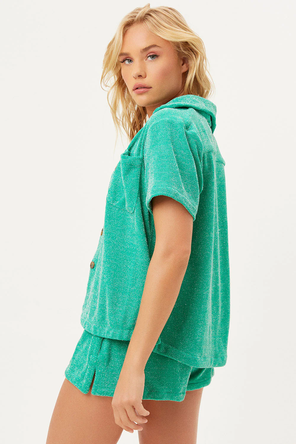Coco Sparkle Terry Button Up Shirt - Mistletoe Green - Image 3