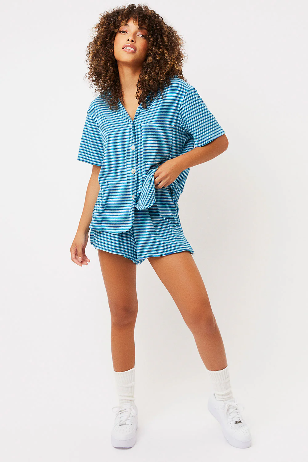 Coco Striped Terry Button Up Shirt - Positano Stripe - Image 2