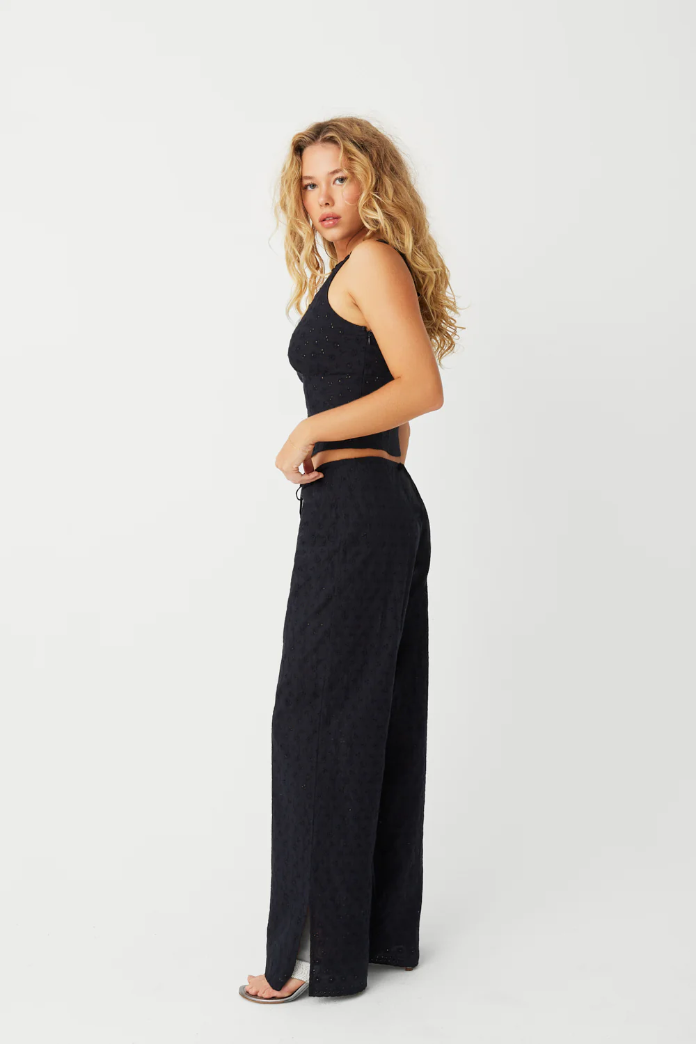 Daisy Eyelet Low Rise Pant - Black - Image 3