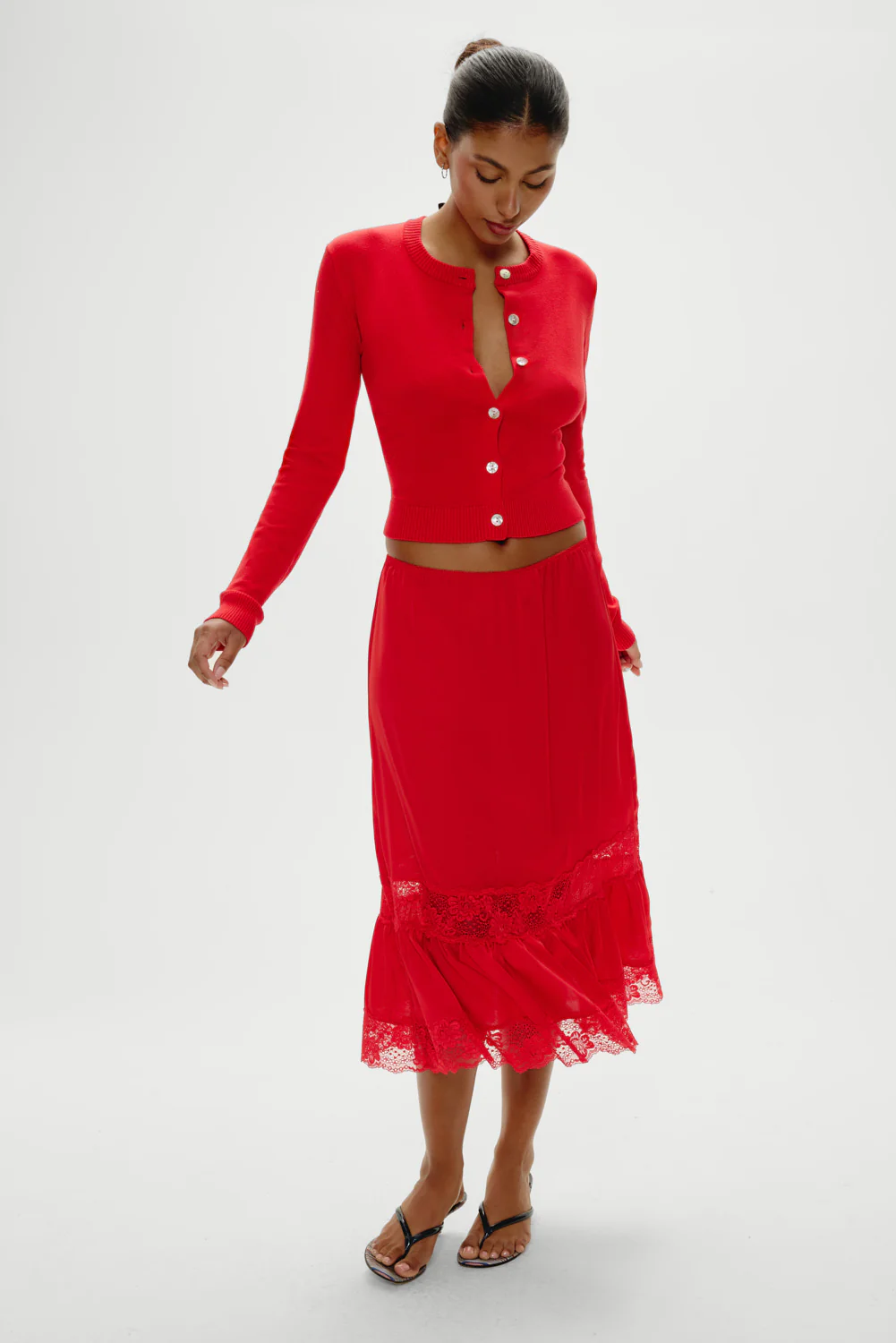 Hideaway Satin Slip Midi Skirt - Cherry - Image 5