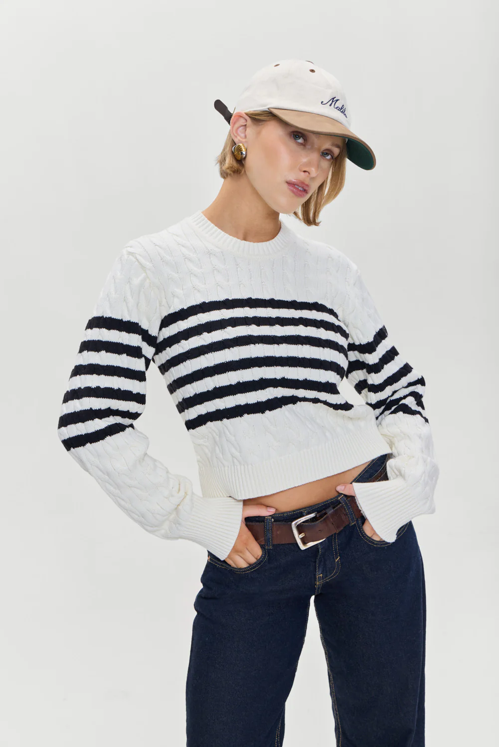 Varsity Striped Cable Knit Sweater - Ivory - Image 6