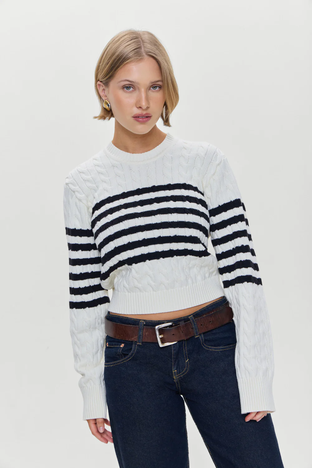 Varsity Striped Cable Knit Sweater - Ivory - Image 8