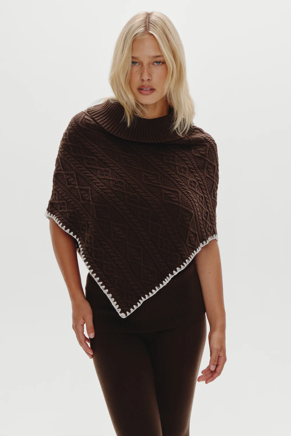 Windswept Cotton Knit Poncho - Chocolate Brown - Image 4
